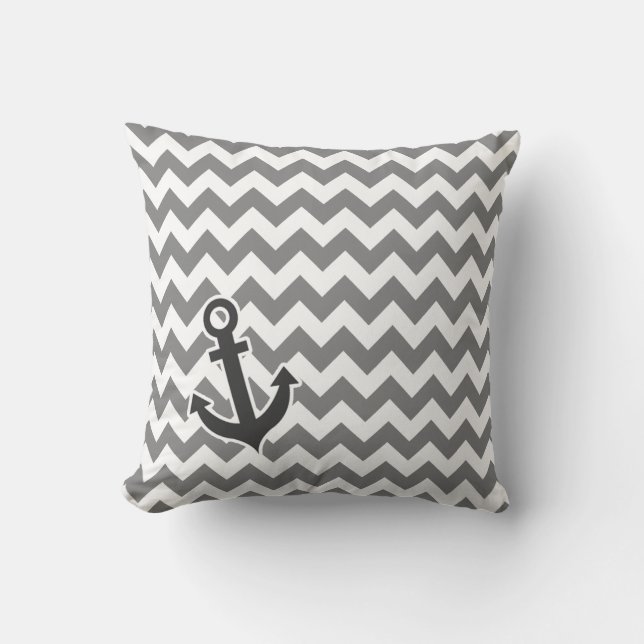 Nautical Anchor on Dark Gray Chevron Throw Pillow (Front)