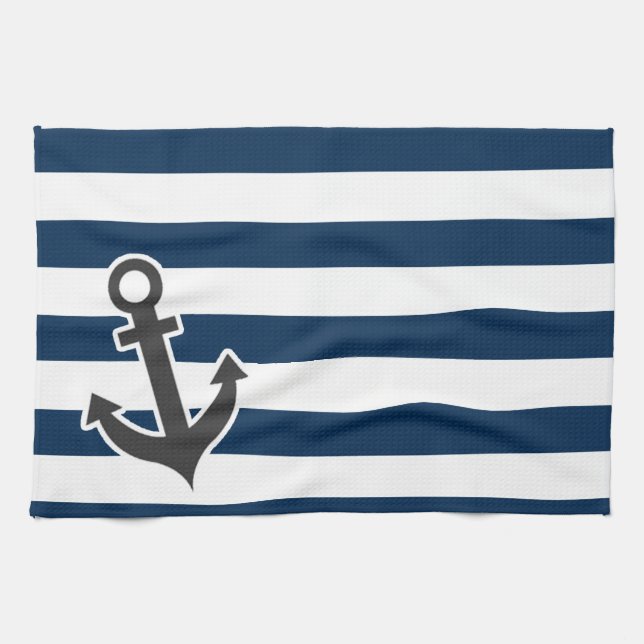 Nautical Anchor on Dark Midnight Blue Stripes Kitchen Towel (Horizontal)
