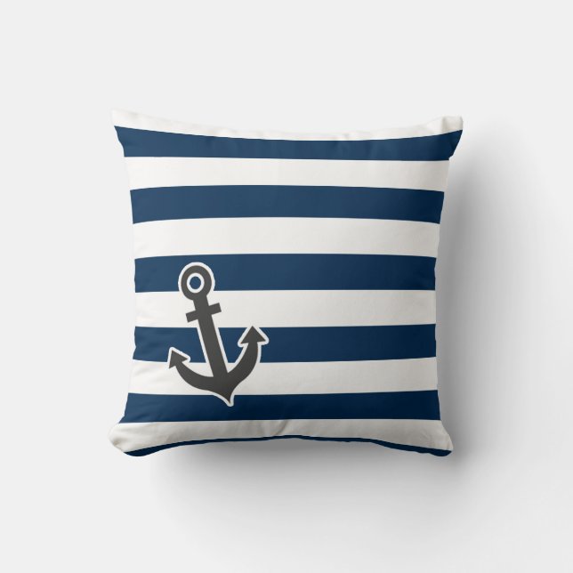 Nautical Anchor on Dark Midnight Blue Stripes Throw Pillow (Front)
