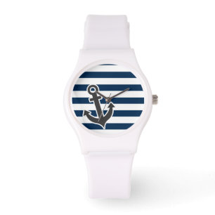 Nautical Anchor on Dark Midnight Blue Stripes Watch