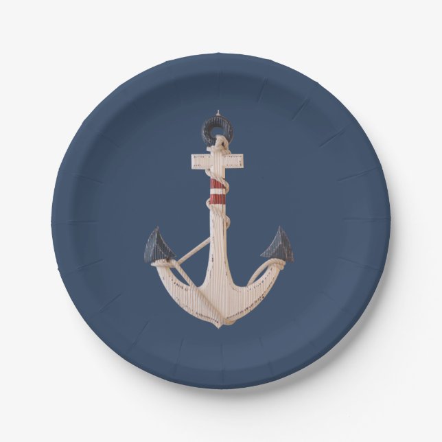 nautical anchor on navy blue paper plates (Front)