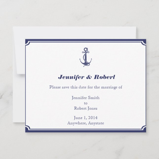 Nautical Anchor on Navy Save the Date Card (Front)