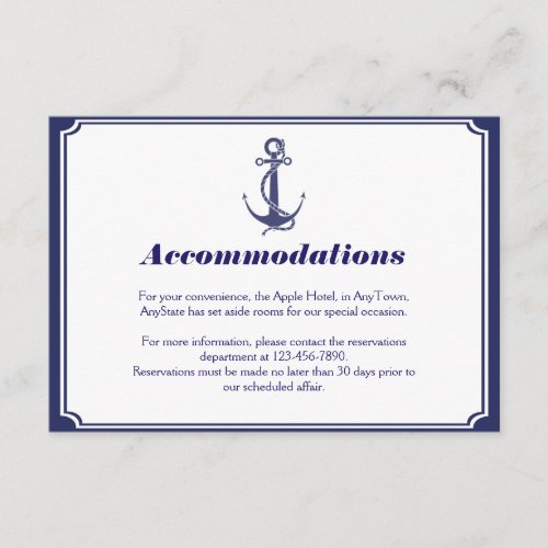 Nautical Anchor on Navy Wedding Insert Custom Invitations