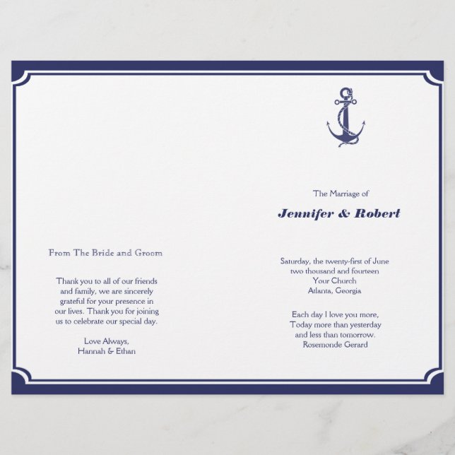 Nautical Anchor on Navy Wedding Program (Front)