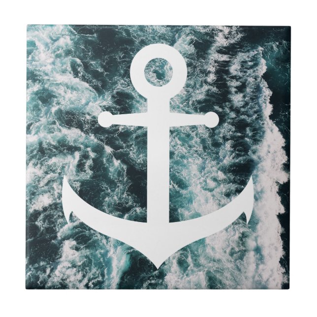 Nautical anchor on ocean photo background ceramic tile (Front)