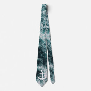 Nautical anchor on ocean photo background neck tie