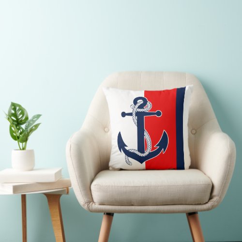 Nautical Anchor On Red White Blue Stripes Pattern Throw Pillow