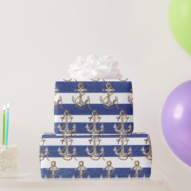 Nautical Anchor On Watercolor Stripes Wrapping Paper (Party Gifts)