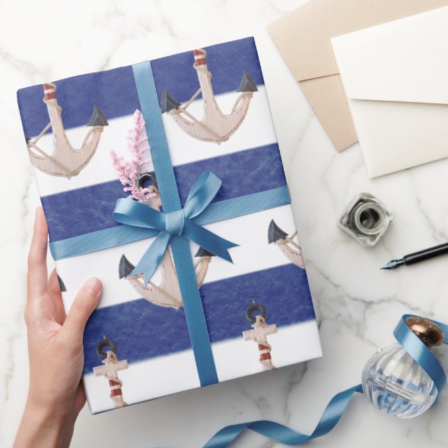 Nautical Anchor On Watercolor Stripes Wrapping Paper (Gifting)