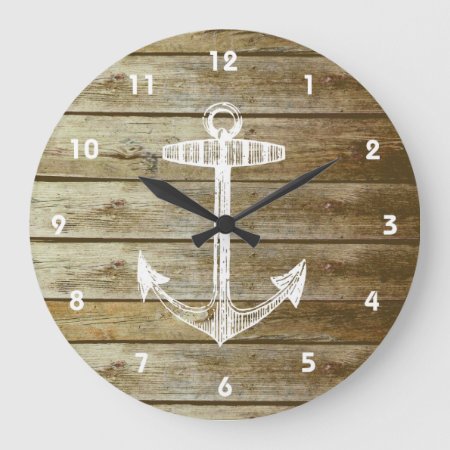 Nautical Anchor On Wood Graphic Large Clock