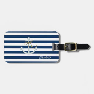 Nautical  Anchor OnNavy Blue Stripes-Personalized Luggage Tag