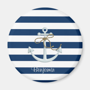 Nautical Anchor OnNavy Blue Stripes-Personalized Magnet