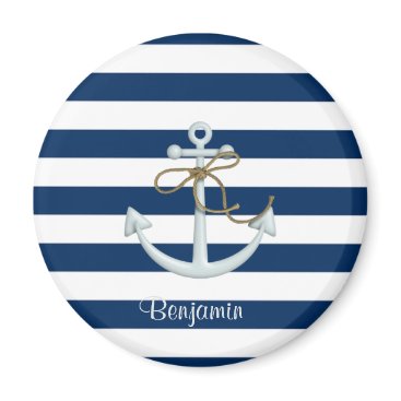 Nautical Anchor OnNavy Blue Stripes-Personalized Magnet Nautical Anchor OnNavy Blue Stripes-Personalized Magnet
