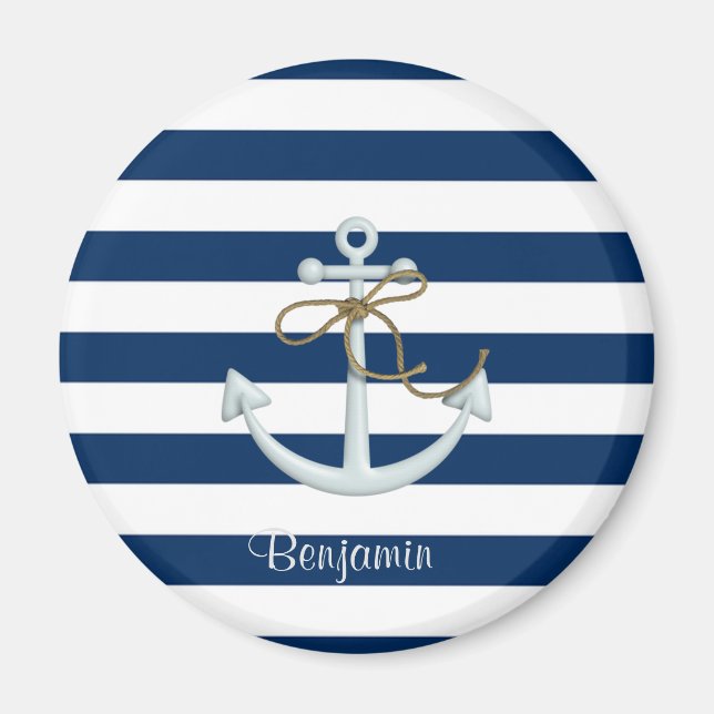 Nautical  Anchor OnNavy Blue Stripes-Personalized Magnet (Front)