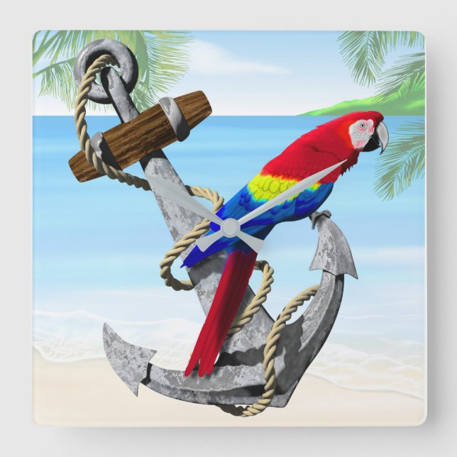 Nautical Anchor Parrot Square Wall Clock (Front)