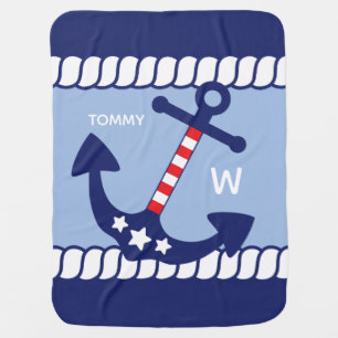 Nautical Anchor Patriotic Add Name & Monogram Baby Blanket