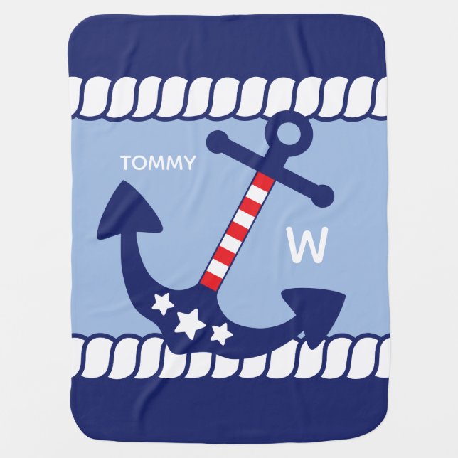 Nautical Anchor Patriotic Add Name & Monogram Baby Blanket (Front)