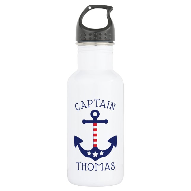 Nautical Anchor Patriotic Captain Name Stainless Steel Water Bottle (Front)