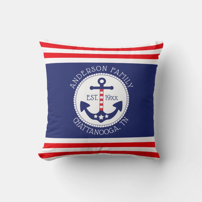 Nautical Anchor Patriotic Family Name Throw Pillow (Front)