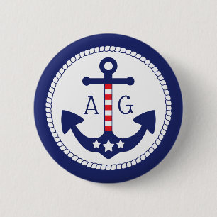 Nautical Anchor Patriotic Stars & Stripes Monogram Button