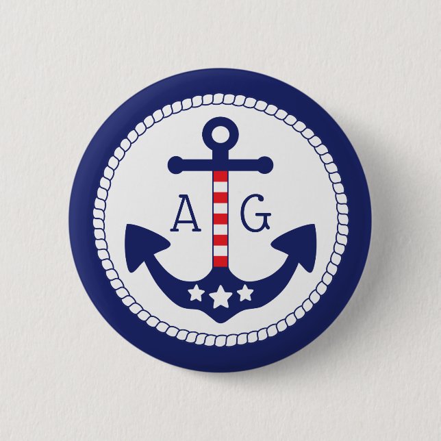 Nautical Anchor Patriotic Stars & Stripes Monogram Button (Front)
