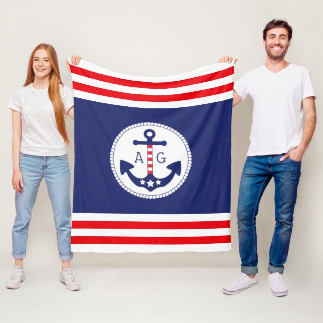 Nautical Anchor Patriotic Stars & Stripes Monogram Fleece Blanket (In Situ)