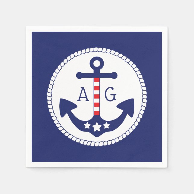 Nautical Anchor Patriotic Stars & Stripes Monogram Napkins (Front)