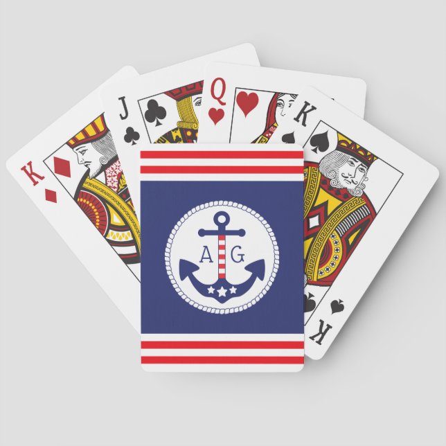 Nautical Anchor Patriotic Stars & Stripes Monogram Poker Cards (Back)