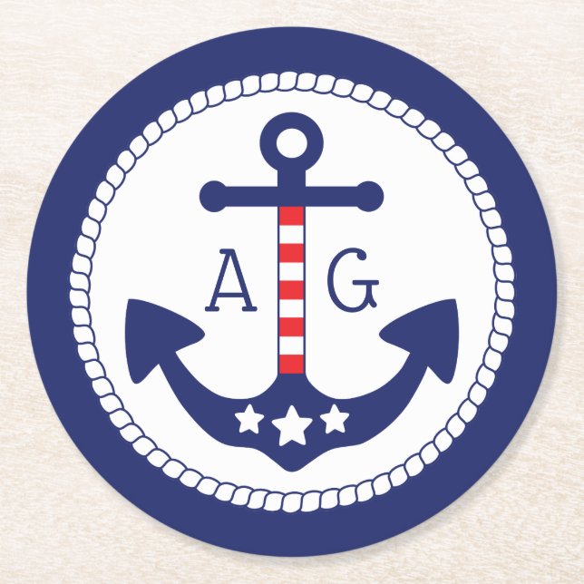 Nautical Anchor Patriotic Stars & Stripes Monogram Round Paper Coaster (Front)