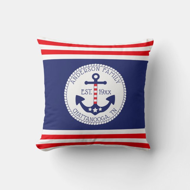 Nautical Anchor Patriotic Stars Stripes Monogram Throw Pillow (Front)