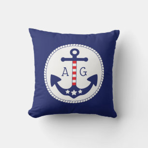 Nautical Anchor Patriotic Stars & Stripes Monogram Throw Pillow