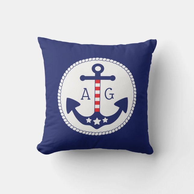 Nautical Anchor Patriotic Stars & Stripes Monogram Throw Pillow (Front)