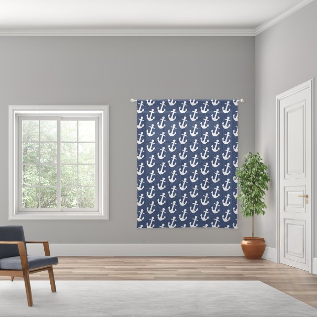 Nautical Anchor Pattern Blue and White Sheer Curtains (Wide)