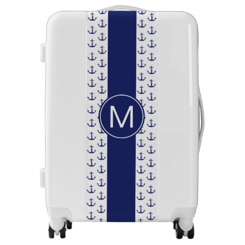 Nautical Anchor Pattern Monogram Navy Blue Luggage