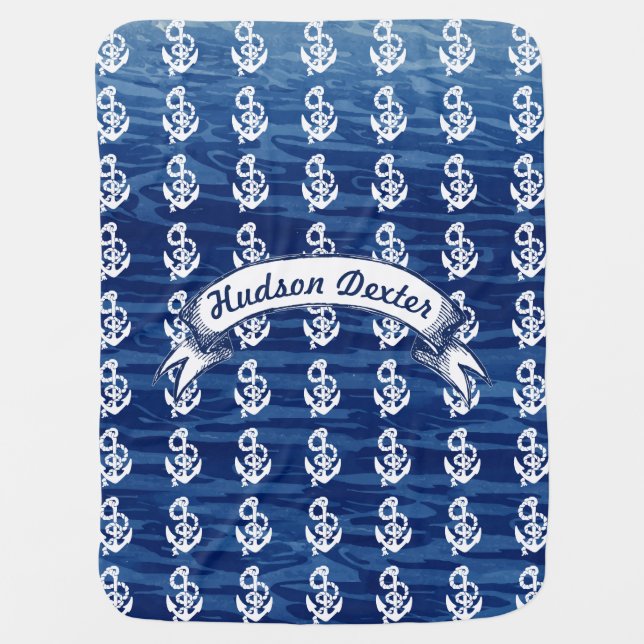 Nautical Anchor Pattern Navy Blue Baby Boy Blanket (Front)