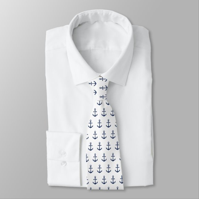 Nautical Anchor Pattern Navy on White Neck Tie (Tied)