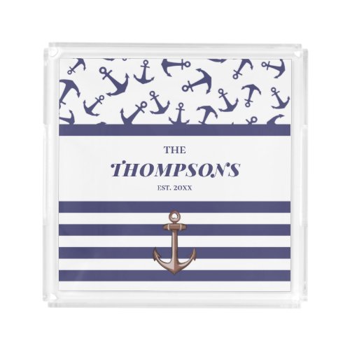 Nautical Anchor Pattern Navy Stripes Family Name Acrylic Tray