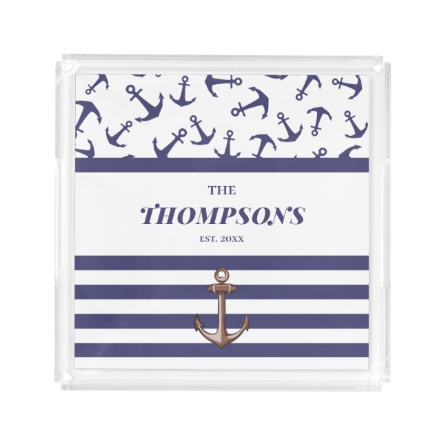 Nautical Anchor Pattern Navy Stripes Family Name Acrylic Tray (Front)