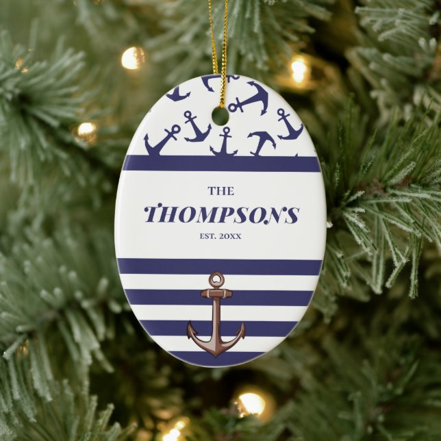 Nautical Anchor Pattern Navy Stripes Family Name Ceramic Ornament (Tree)