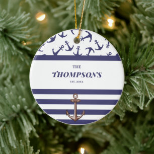 Nautical Anchor Pattern Navy Stripes Family Name Ceramic Ornament