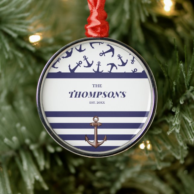 Nautical Anchor Pattern Navy Stripes Family Name  Metal Ornament (Tree)