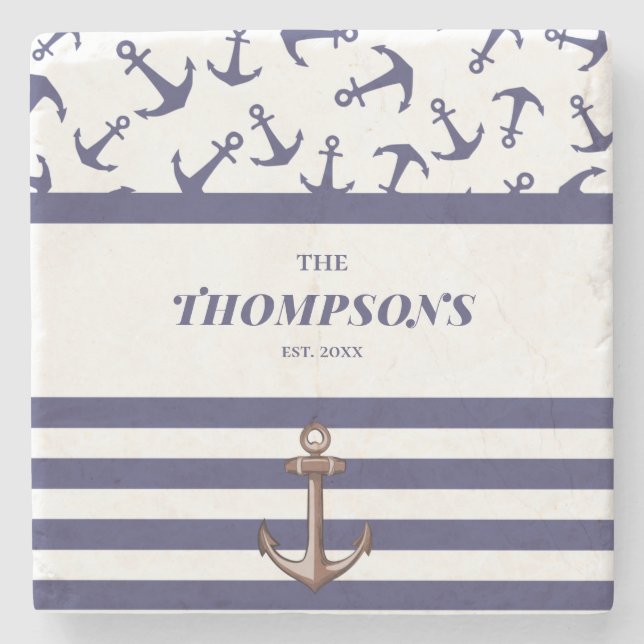 Nautical Anchor Pattern Navy Stripes Family Name Stone Coaster (Front)