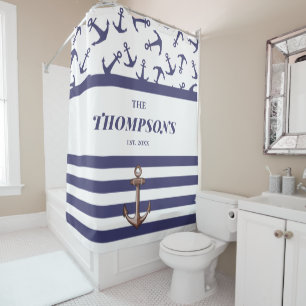 Nautical Anchor Pattern Navy Stripes Family Shower Curtain