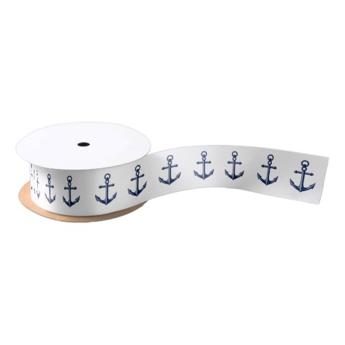 Nautical Anchor Pattern Navy  White Satin Ribbon