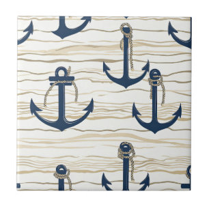 Nautical Anchor Pattern on Driftwood (1) Ceramic Tile