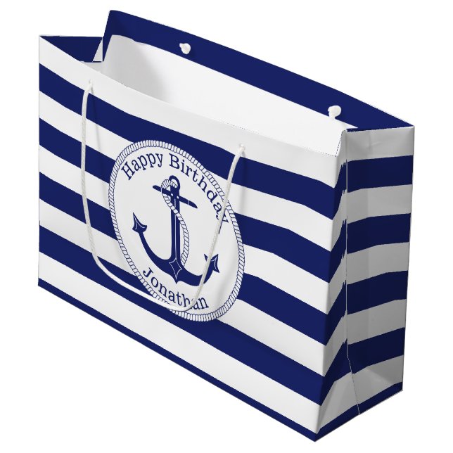 Nautical Anchor Personalized Birthday Large Gift Bag (Front Angled)