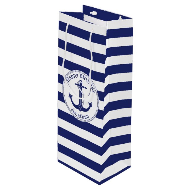 Nautical Anchor Personalized Birthday Wine Gift Bag (Front Angled)