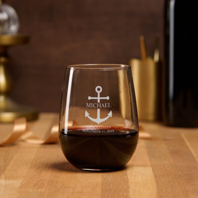 Nautical Anchor Personalized Groomsmen Stemless Wine Glass (Party)