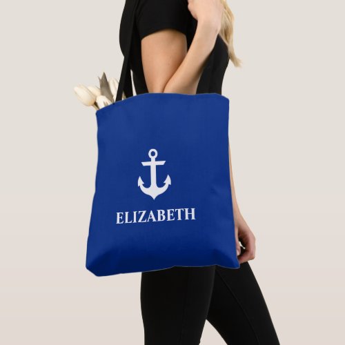 Nautical Anchor Personalized Name Tote Bag Blue