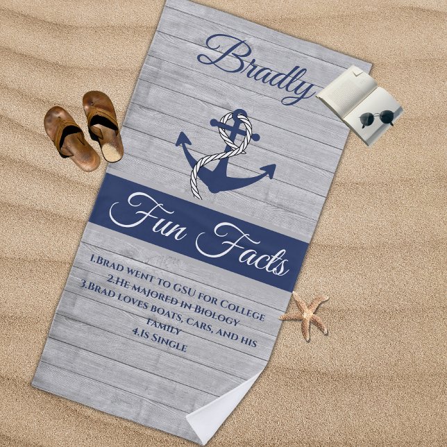 Nautical Anchor Personalized Navy Blue Fun Facts Beach Towel (Creator Uploaded)
